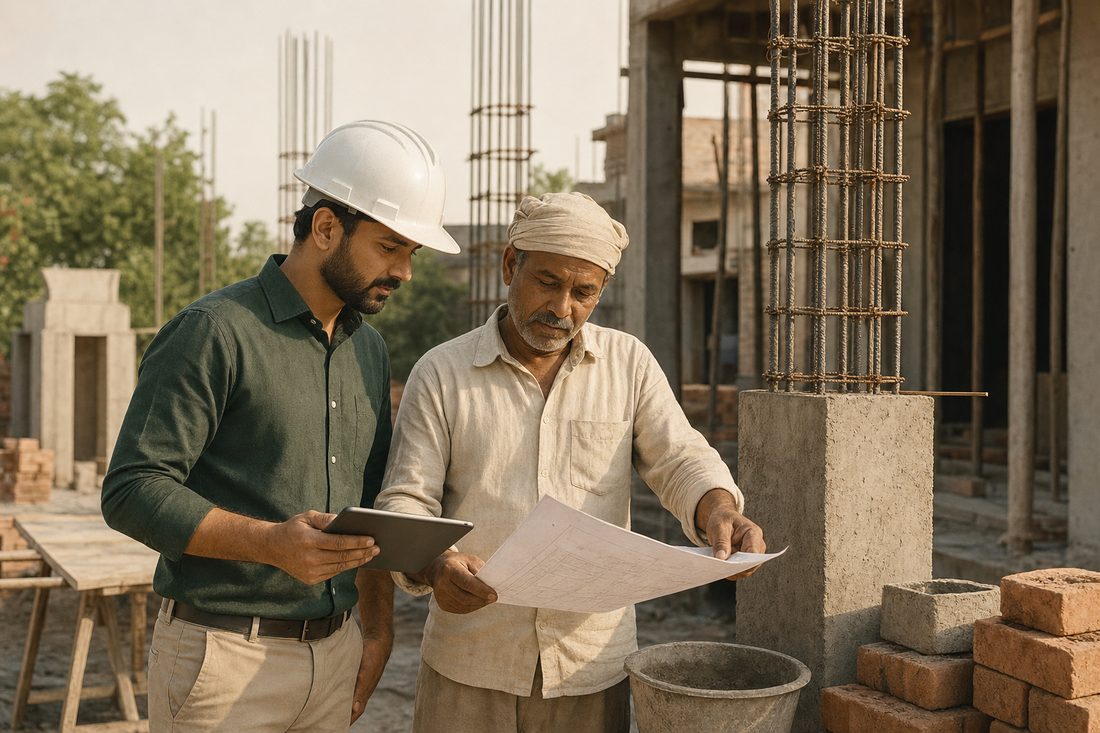 साइट पर इंजीनियर और मिस्त्री ड्रॉइंग देखते हुए।